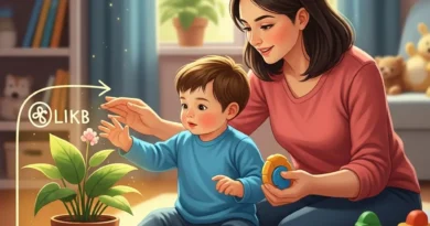 Matka i dziecko bawią się razem na podłodze, dziecko interesuje się kwiatkiem w doniczce, obok klocki i zabawki.