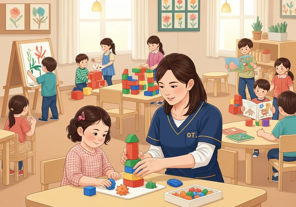 Terapeuta zajęciowy i dzieci bawią się klockami w przedszkolu.
