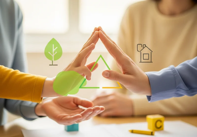 Ręce tworzące trójkąt symbolizujący współpracę rodziców, terapeuty i przedszkola.