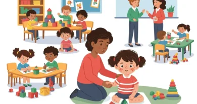 Ilustracja przedstawia dzieci w przedszkolu, jedno z nich ma charakterystyczne czerwone kropki, symbolizujące ospę.