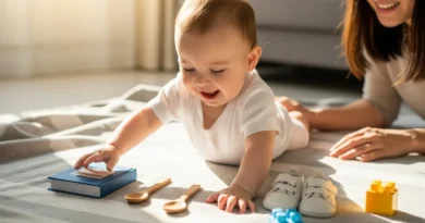 Maluch z mamą i symboliczne prezenty na roczek: książka, łyżeczki, buciki, klocki.