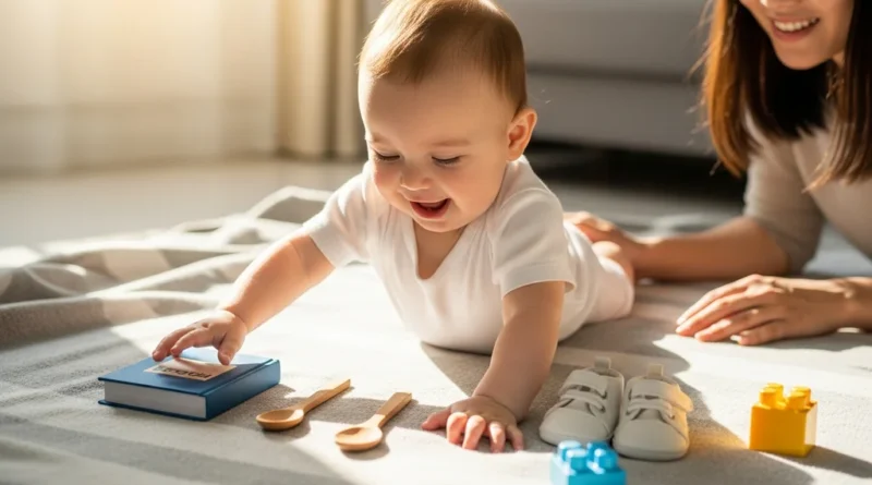 Maluch z mamą i symboliczne prezenty na roczek: książka, łyżeczki, buciki, klocki.
