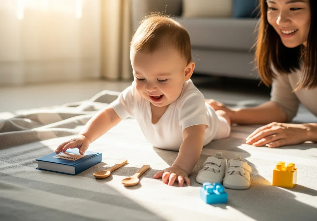 Maluch z mamą i symboliczne prezenty na roczek: książka, łyżeczki, buciki, klocki.