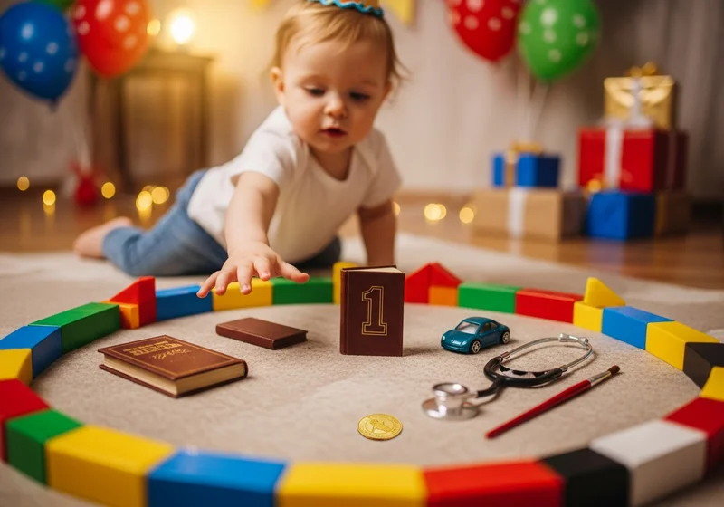 Dziecko wybiera między książką a zabawkami, symbolem przyszłości i dzieciństwa.