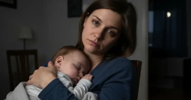 Zmęczona matka tuli śpiące dziecko w ramionach w przyćmionym pokoju.