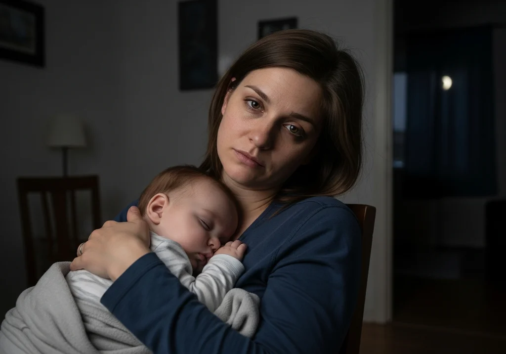 Zmęczona matka tuli śpiące dziecko w ramionach w przyćmionym pokoju.
