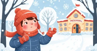 Dziecko w zimowej czapce i szaliku łapie płatki śniegu przed przedszkolem.