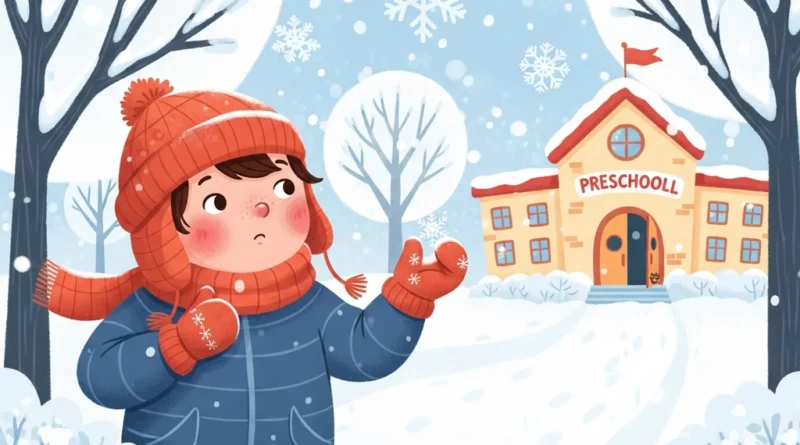 Dziecko w zimowej czapce i szaliku łapie płatki śniegu przed przedszkolem.