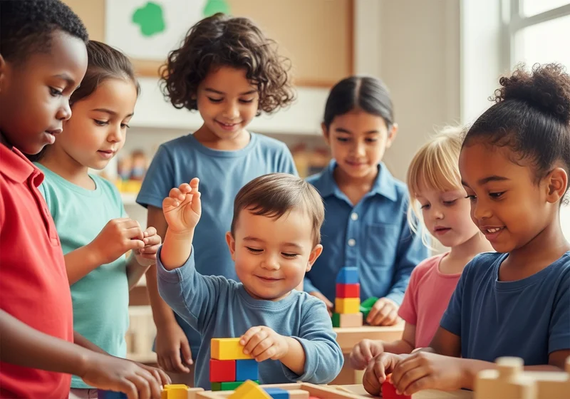 Dzieci w przedszkolu bawią się klockami, jedno z nich jest najmłodsze.