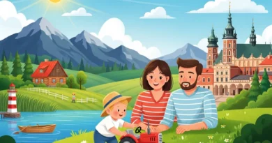 Rodzina na zielonej łące bawi się czerwoną traktorkiem, w tle góry i miasto.