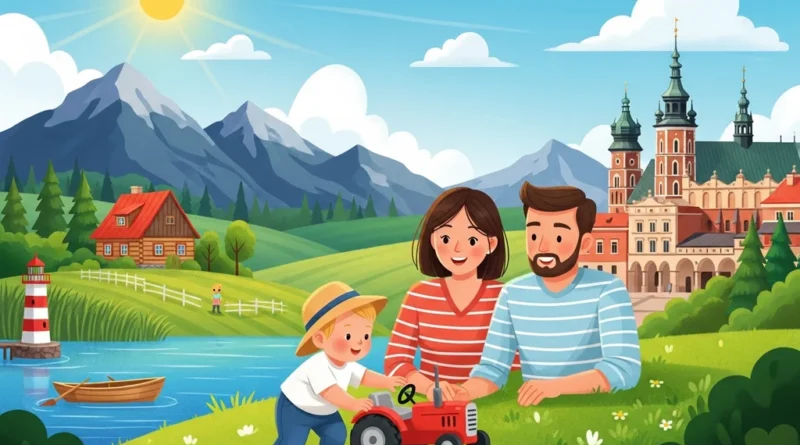 Rodzina na zielonej łące bawi się czerwoną traktorkiem, w tle góry i miasto.