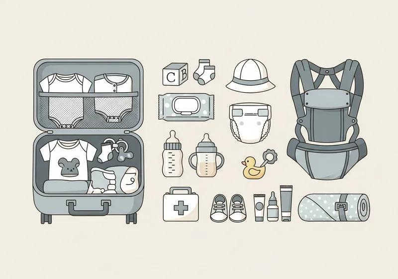 Otwarte walizki i akcesoria dla dziecka, jak ubranka, butelki, pieluchy i nosidełko.