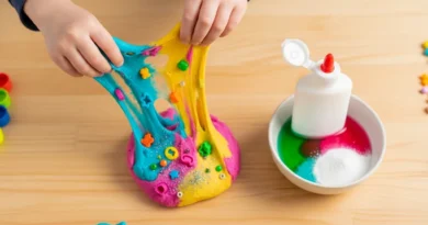 Dziecko miesza kolorową gumę sensoryczną z ozdobami.