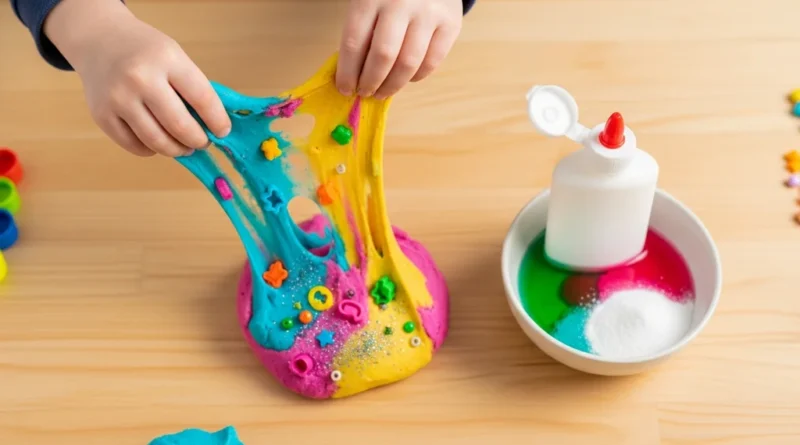 Dziecko miesza kolorową gumę sensoryczną z ozdobami.