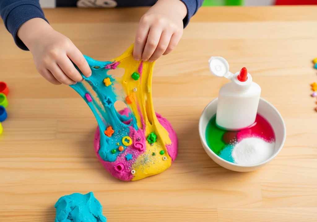 Dziecko miesza kolorową gumę sensoryczną z ozdobami.
