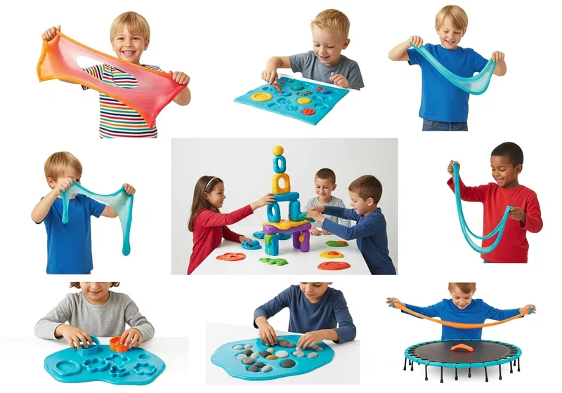 Dzieci bawiące się masą sensoryczną, tworząc wieżę z klocków, rzeźbiąc, rozciągając i układając kamienie.