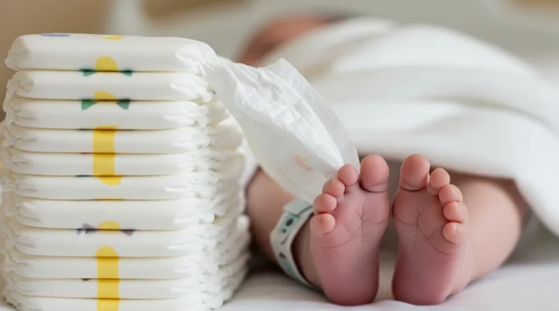 Stos pieluch obok noworodka w szpitalnej pościeli.
