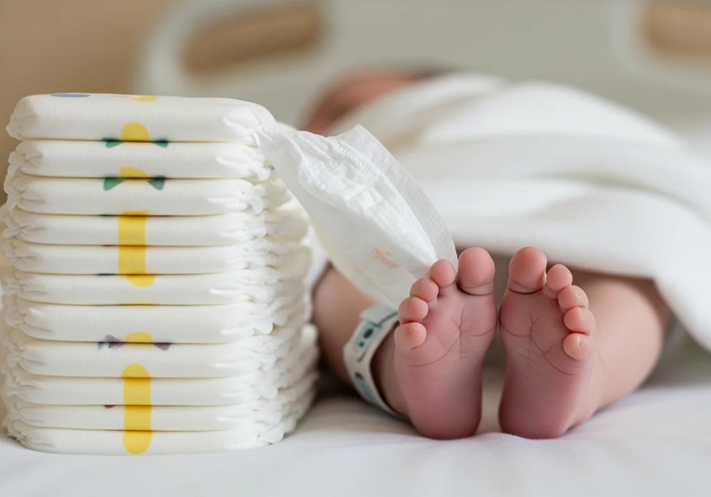 Stos pieluch obok noworodka w szpitalnej pościeli.