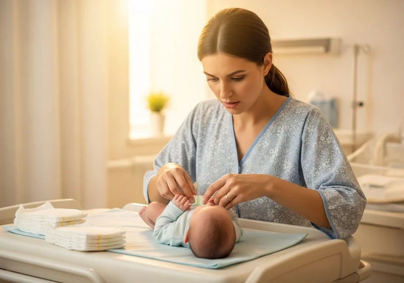 Matka przewija noworodka na przewijaku, obok stosy pieluch.