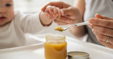 Rączka dziecka sięga po łyżeczkę z jedzeniem z słoiczka.