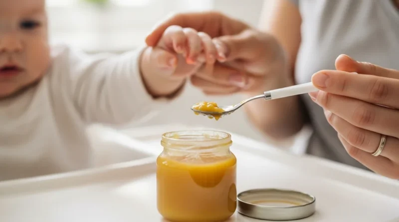 Rączka dziecka sięga po łyżeczkę z jedzeniem z słoiczka.