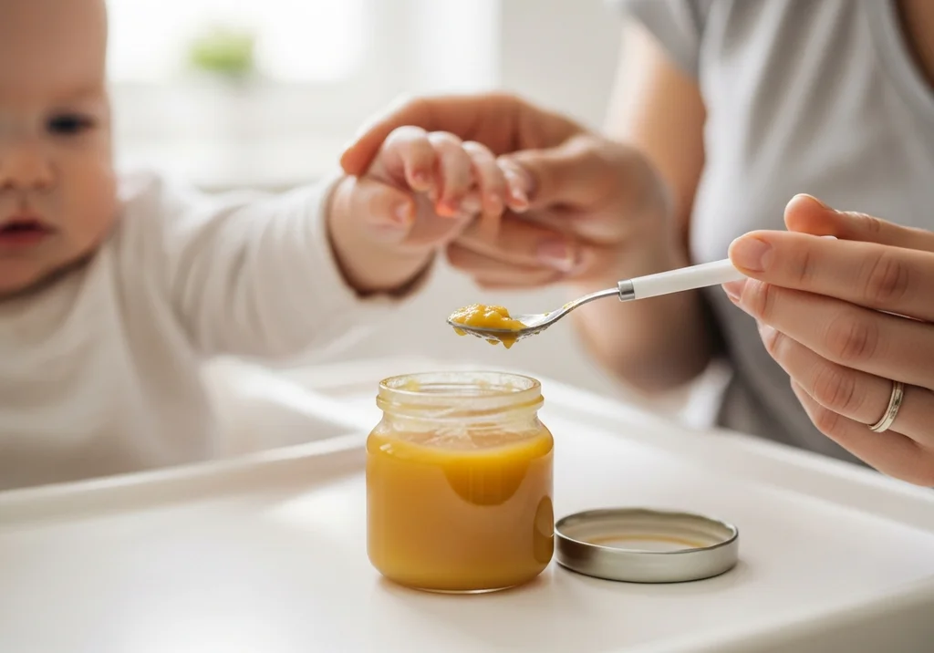 Rączka dziecka sięga po łyżeczkę z jedzeniem z słoiczka.