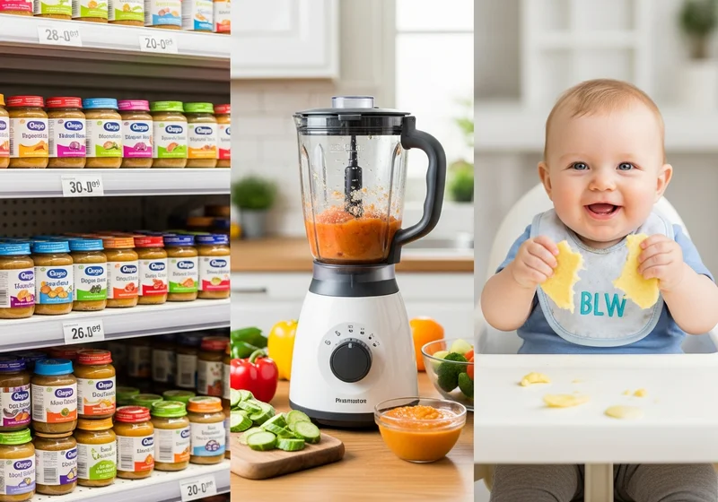 Słoiczki z jedzeniem dla niemowląt na półce sklepowej, blender z przecierem i dziecko jedzące samodzielnie.