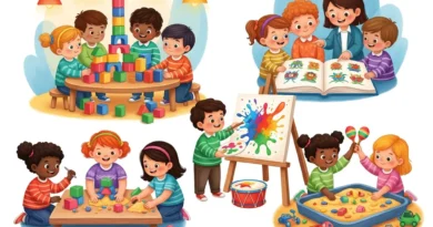 Dzieci budują, malują, bawią się w piaskownicy i uczą z książki.