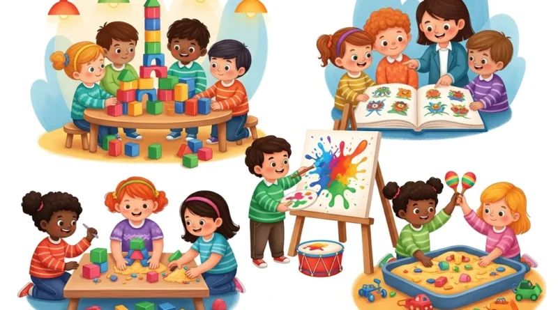 Dzieci budują, malują, bawią się w piaskownicy i uczą z książki.