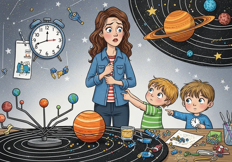 Przedszkolanka w chaosie, dzieci bawią się modelem Układu Słonecznego, rozsypane koraliki i brokat.