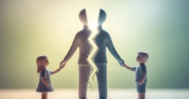 Figurki dzieci trzymające za ręce pęknięte figurki rodziców, symbolizujące rozstanie.