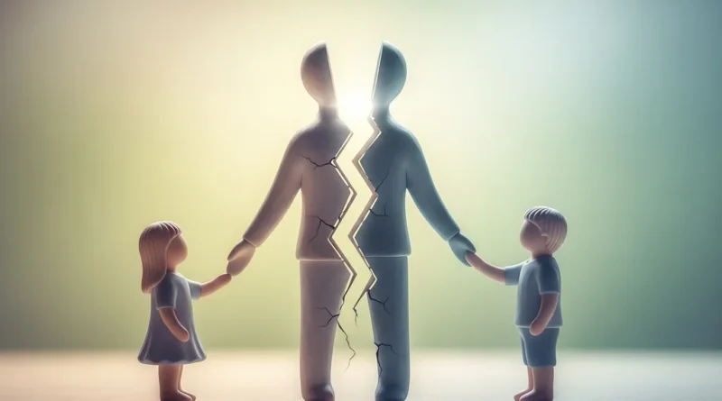 Figurki dzieci trzymające za ręce pęknięte figurki rodziców, symbolizujące rozstanie.