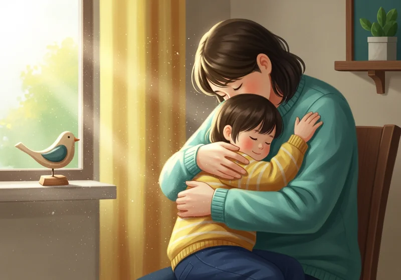 Matka tuli dziecko w ramionach, wspierając je w trudnym czasie.