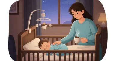 Matka z kawą w ręku głaszcze śpiące dziecko w łóżeczku nocą.