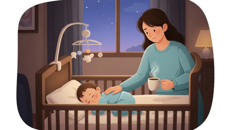 Matka z kawą w ręku głaszcze śpiące dziecko w łóżeczku nocą.