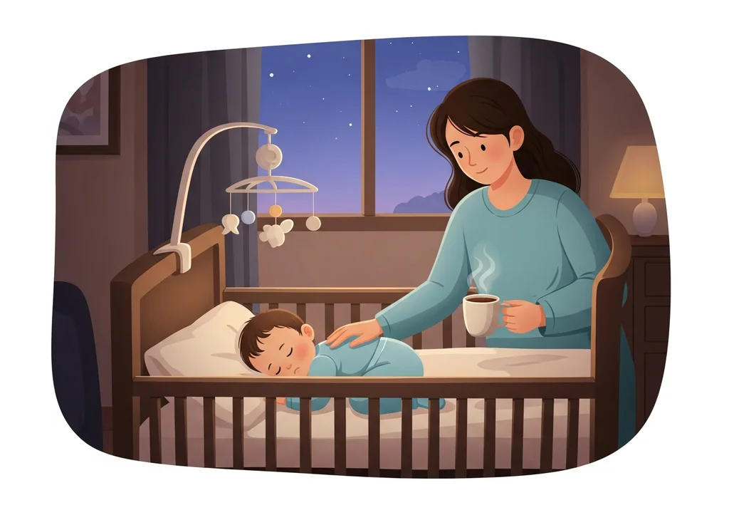 Matka z kawą w ręku głaszcze śpiące dziecko w łóżeczku nocą.