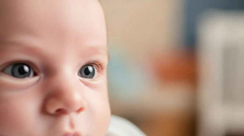 Zbliżenie na twarz noworodka, podkreślające oczy niemowlęcia.
