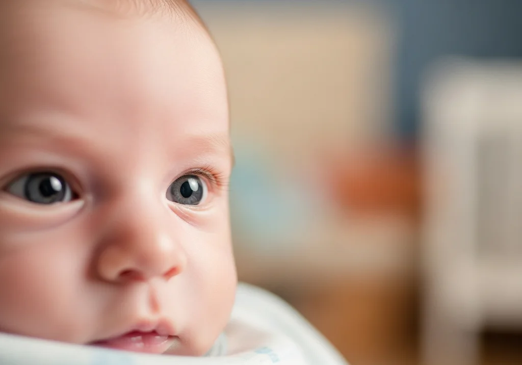 Zbliżenie na twarz noworodka, podkreślające oczy niemowlęcia.