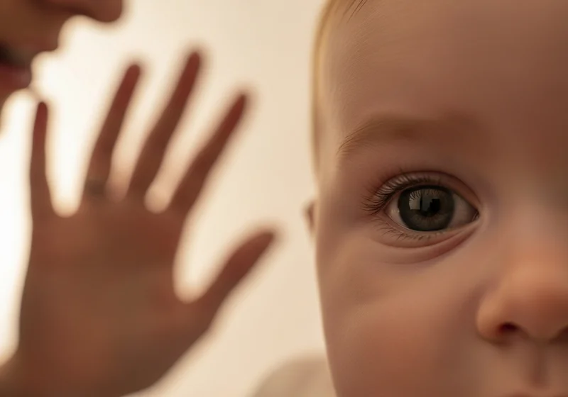 Dłoń matki przesłaniająca część twarzy niemowlaka, skupienie na jego oku.