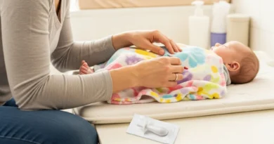 Mama aplikuje czopek dziecku leżącemu na przewijaku.