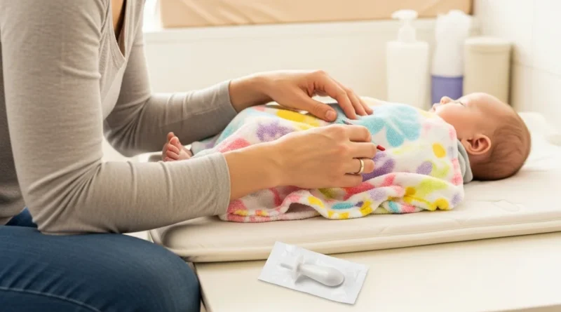 Mama aplikuje czopek dziecku leżącemu na przewijaku.