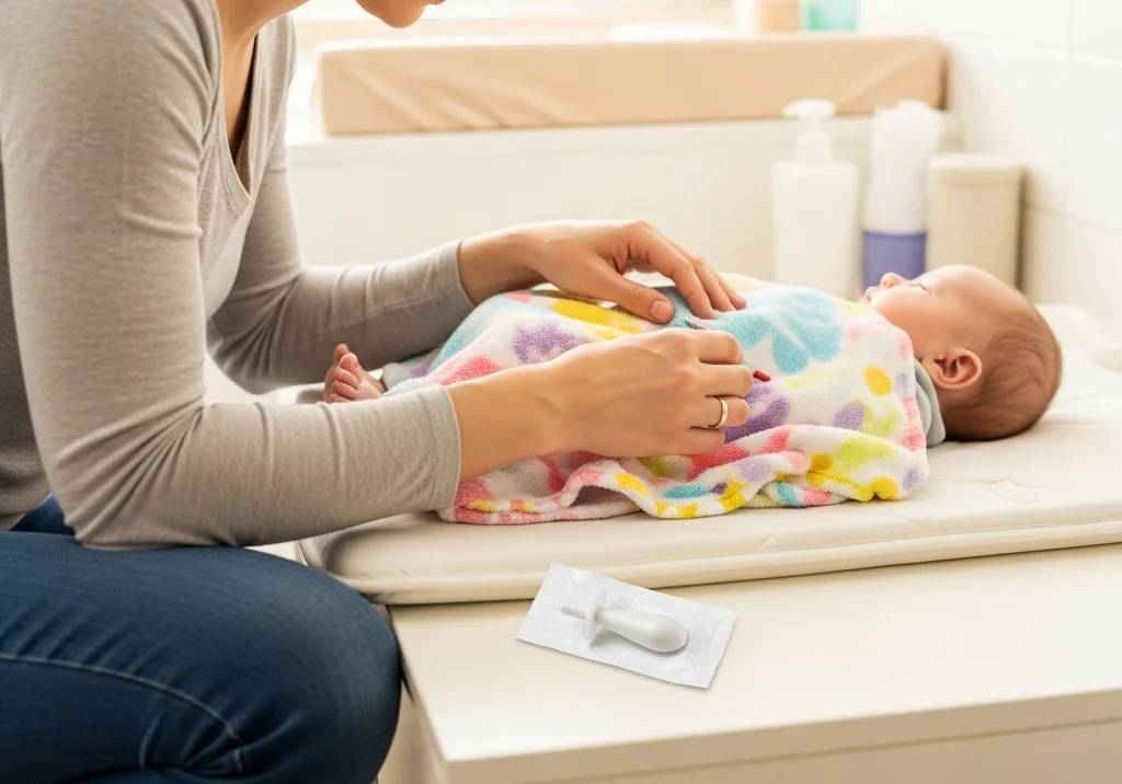 Mama aplikuje czopek dziecku leżącemu na przewijaku.