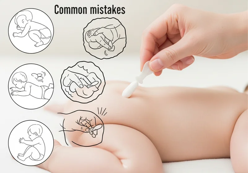 Ilustracje pokazują typowe błędy przy podawaniu czopka niemowlęciu.