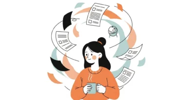 Kobieta z kubkiem kawy otoczona wirującymi dokumentami i ikonką niemowlaka.