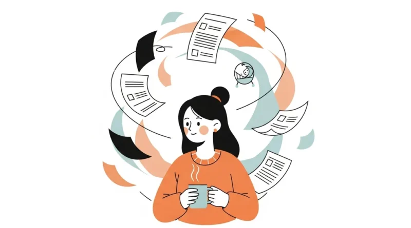 Kobieta z kubkiem kawy otoczona wirującymi dokumentami i ikonką niemowlaka.