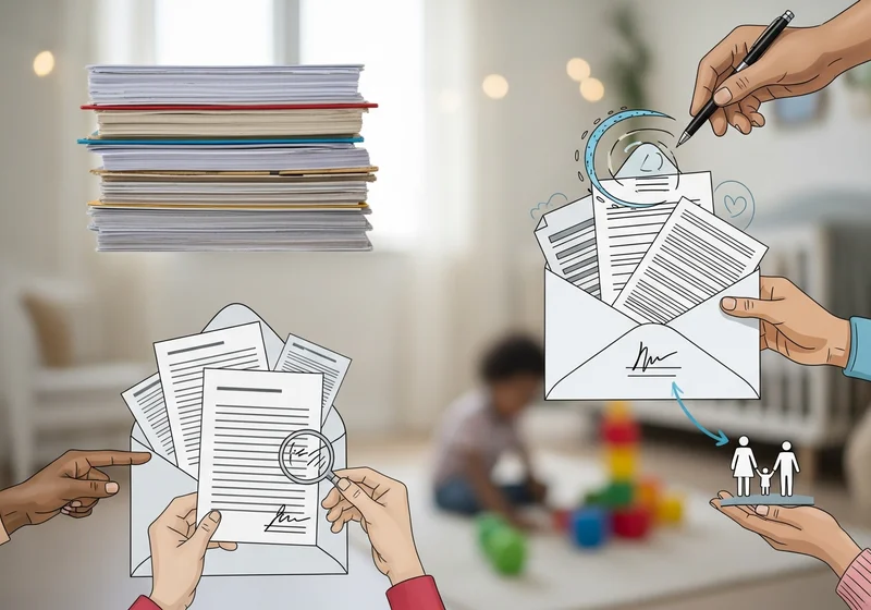 Stos dokumentów, ręce z dokumentami i rodzina symbolizująca dziecko.