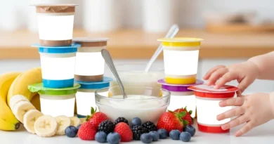 Kilka opakowań jogurtów, owoce i dłonie dziecka sięgające po jeden z jogurtów.