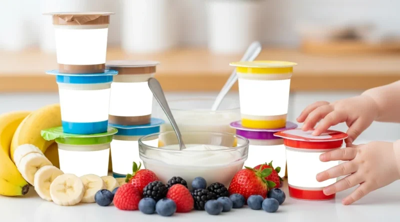 Kilka opakowań jogurtów, owoce i dłonie dziecka sięgające po jeden z jogurtów.
