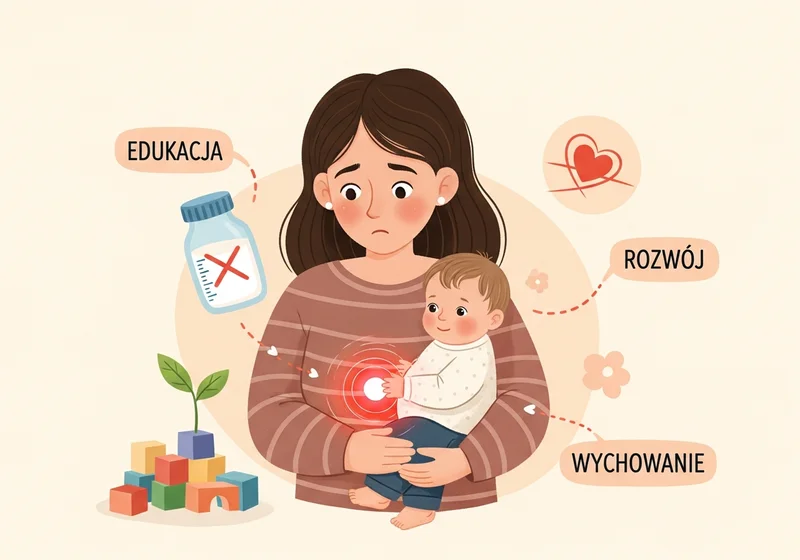 Matka martwi się bólem brzucha dziecka, a obok są symbole edukacji, rozwoju i wychowania.