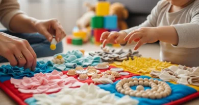 Mata sensoryczna z różnymi fakturami, guzikami i koralikami, którą dziecko i rodzic dotykają.